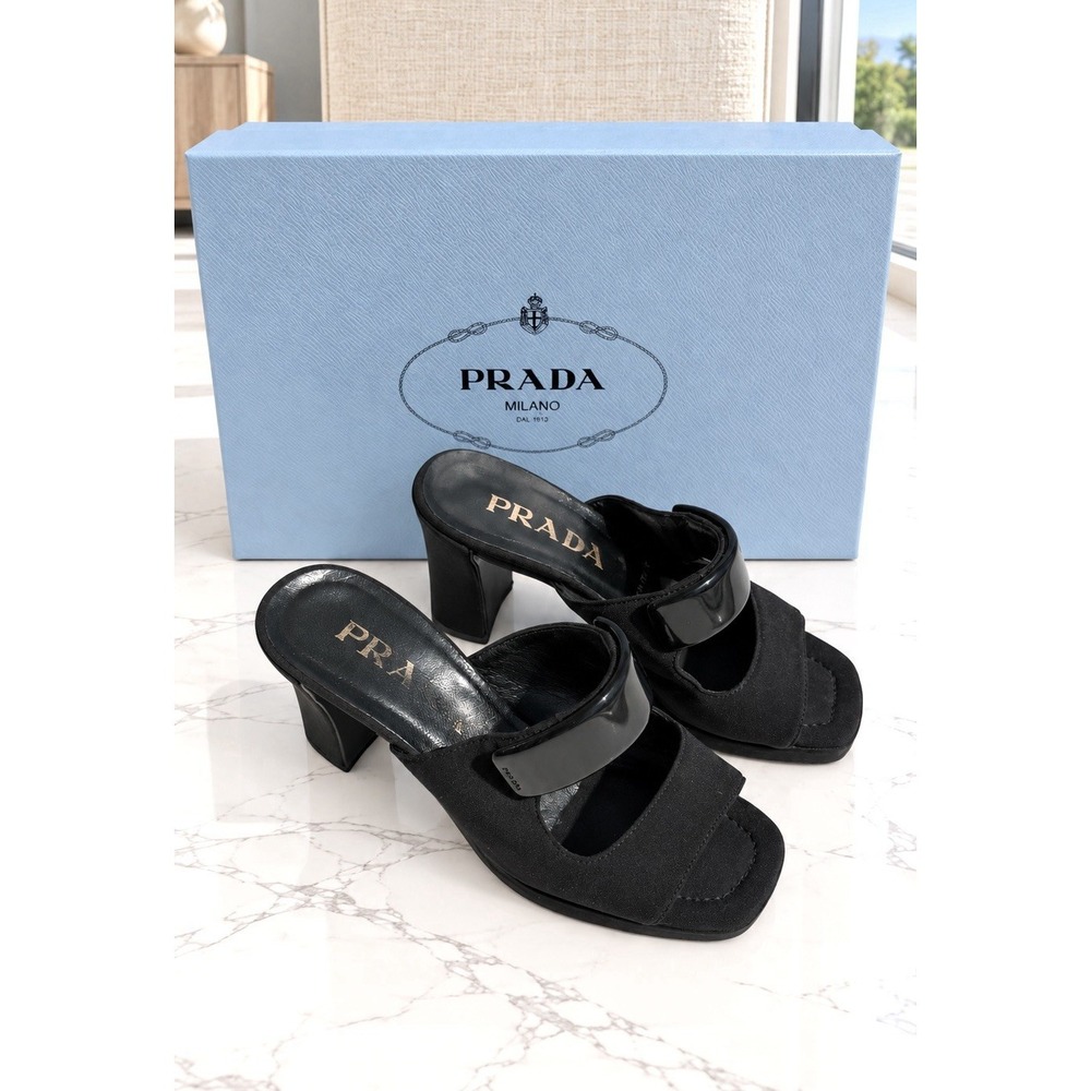 Prada Black Suede nylon Platform Open Toe Mule Slip-On Block Heel Sandals Buckle